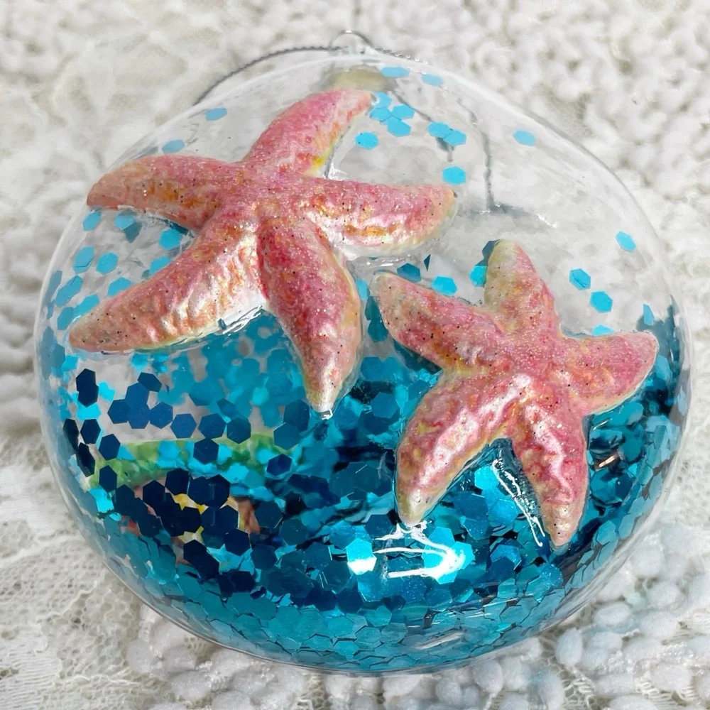 Pottery Barn Glass Starfish And Seashells With Blue Glitter Ornament Coastal